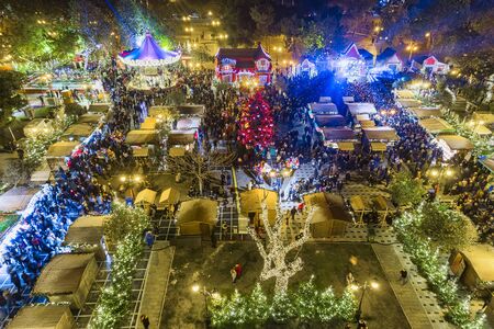 Thessaloniki, Greece - December 8, 2019: Aerial view of Christmas Village in the center of Thessaloniki in evening. long exposureのeditorial素材