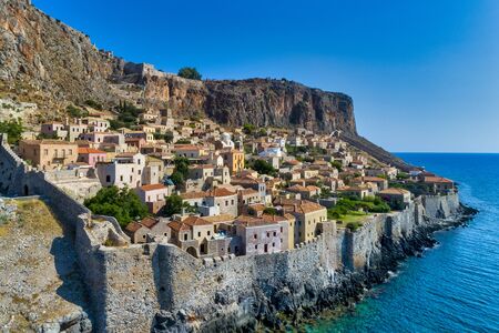 Aerial view of the old town of Monemvasia in Lakonia of Peloponnese, Greece. Monemvasia is often called The Greek Gibraltar.の素材 [FY310137694702]