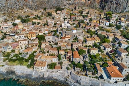 Aerial view of the old town of Monemvasia in Lakonia of Peloponnese, Greece. Monemvasia is often called "The Greek Gibraltar".のeditorial素材