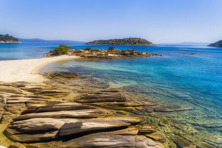 Aerial view of Lagonisi beach on the Sithonia peninsula, in the Chalkidiki , Greeceの写真素材