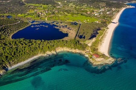 Aerial view of Tristinika beach on the Sithonia peninsula, in the Chalkidiki , Greeceの写真素材