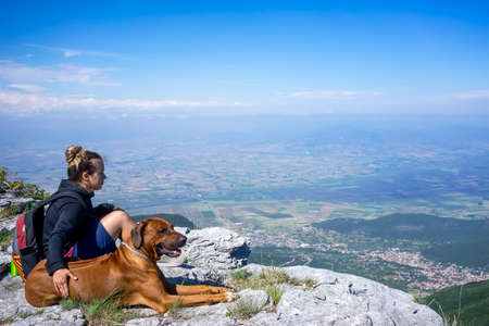 Girl with a Rhodesian ridgeback dog in the mountains. summer mood. Traveling with a pet. Love animals love my petの写真素材