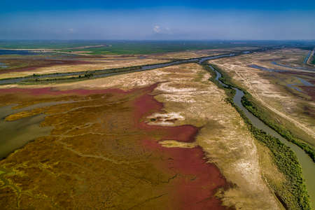 Aerial View of delta of the river Axios, in northern Greeceの写真素材