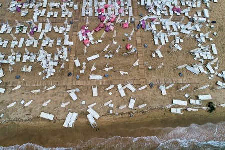 Nea Plagia, Chalkidiki, Greece - July 10, 2019: aerial photography of the damaged roofs of houses in Nea Plagia after a storm and tornadoesのeditorial素材