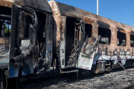 Thessaloniki, Greece May 28, 2021: Abandoned wagons were burned at the Railway Station in...