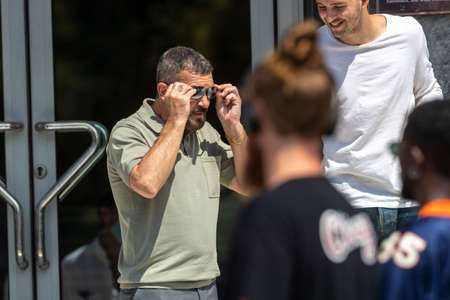 Thessaloniki, Greece - July 3, 2021. Spanish actor, Antonio Banderas (C), during the filming of the...