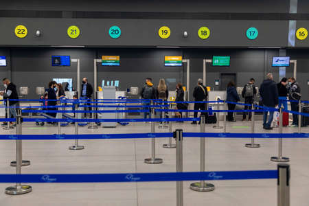 Thessaloniki, Greece - April 23, 2021. The interior of the new Terminal of Thessaloniki Makedonia International Airport SKGのeditorial素材