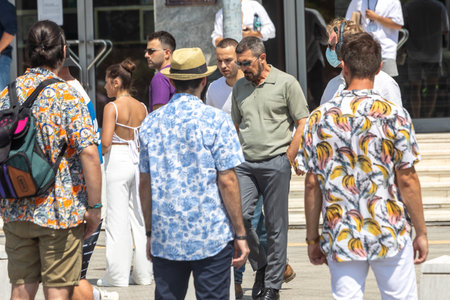Thessaloniki, Greece - July 3, 2021. Spanish actor, Antonio Banderas (C), during the filming of the...