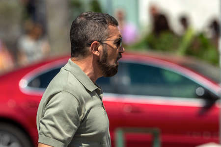 Thessaloniki, Greece - July 3, 2021. Spanish actor, Antonio Banderas (C), during the filming of the...