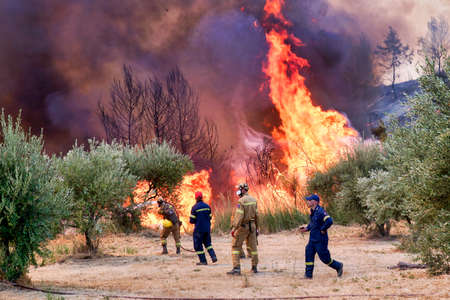 Peloponnese, Greece, 05 August 2021: firefighters battles to extinguish a wildfire in Xelidoni village in the area of Ancient Olympiaのeditorial素材
