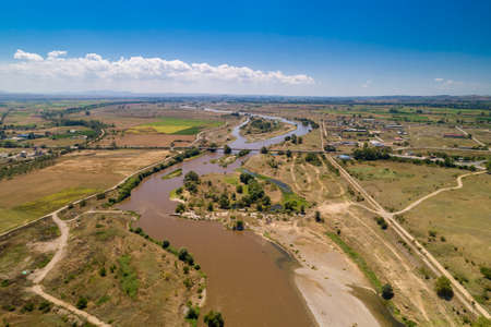 Aerial View of the river Axios in the area of Axioupolis in Kilkis, in northern Greeceの写真素材