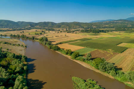 Aerial View of the river Axios in the area of Axioupolis in Kilkis, in northern Greeceの写真素材