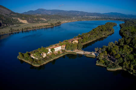 Aerial view of beautiful Kaiafas lake in Elis or Ilia in Peloponnese, Greeceの写真素材