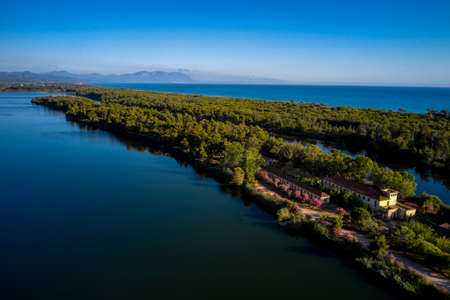 Aerial view of beautiful Kaiafas lake in Elis or Ilia in Peloponnese, Greeceの写真素材