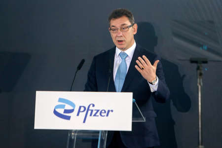 Thessaloniki, Greece,12 October 2021: Pfizer CEO Albert Bourla during the opening ceremony of the company's new center for Digital Innovation and Business Operations and Servicesのeditorial素材