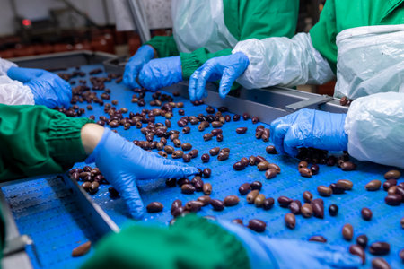 Close up of hands processing olives in a factoryの写真素材