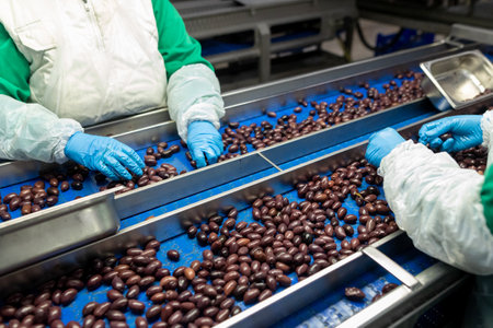 Close up of hands processing olives in a factoryの写真素材