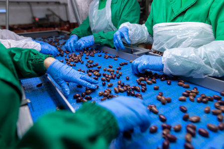 Close up of hands processing olives in a factoryの写真素材