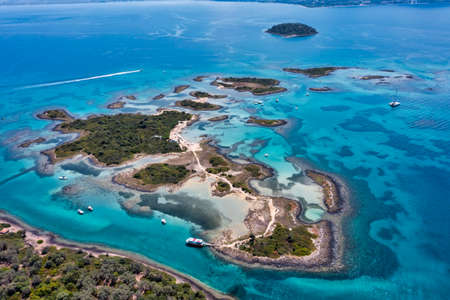Aerial view of Lichadonisia which is island popular with boat trippers. the Greek Bahamas, in North Euboea, Greece.の写真素材