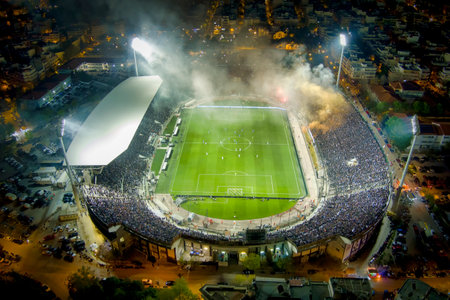 Thessaloniki, Greece, April 14, 2022: Aerial shoot of the Toumba Stadium full of fans of PAOK prior to the UEFA Europa Conference League match Paok vs Olympique de Marseille.のeditorial素材