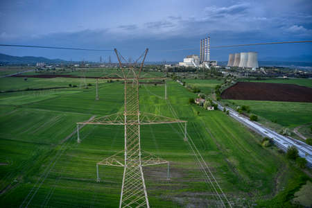 Aerial view the coal-fired power plant at Kozani in northern Greece.の写真素材