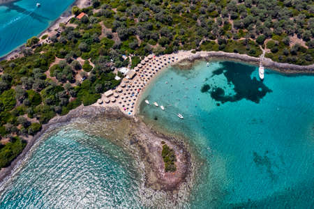 Aerial view of Lichadonisia which is island popular with boat trippers. the Greek Bahamas, in North Euboea, Greece.の写真素材