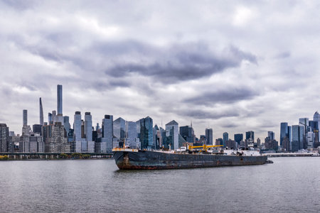 Scenic view of the New York Manhattan skyline seen from across the Hudson River in Edgewater, New Jerseyの写真素材