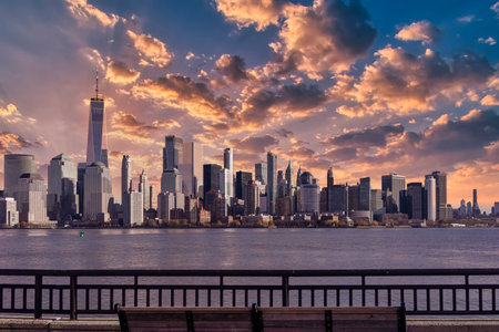 Amazing panoramic view of New York City skyline and skyscraper at sunset. Beautiful view of downtown Manhattan.の写真素材