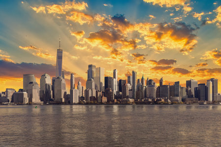 Amazing panoramic view of New York City skyline and skyscraper at sunset. Beautiful view of downtown Manhattan.の写真素材