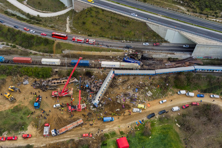 Tempi Valley, Greece - March 1, 2023: A tragic accident occurred in northern Greece, as two trains collided in the Tempi Valley, resulting in the deadliest rail tragedy in Greeceのeditorial素材