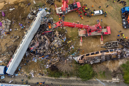 Tempi Valley, Greece - March 1, 2023: A tragic accident occurred in northern Greece, as two trains collided in the Tempi Valley, resulting in the deadliest rail tragedy in Greeceのeditorial素材
