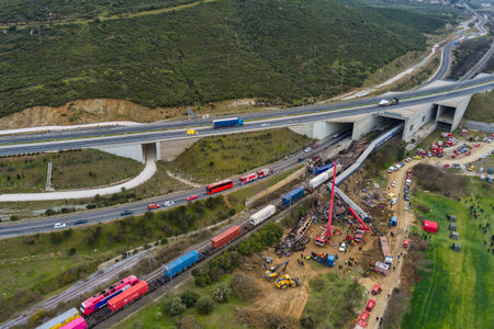 Tempi Valley, Greece - March 1, 2023: A tragic accident occurred in northern Greece, as two trains collided in the Tempi Valley, resulting in the deadliest rail tragedy in Greeceのeditorial素材