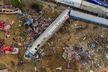 Tempi Valley, Greece - March 1, 2023: A tragic accident occurred in northern Greece, as two trains collided in the Tempi Valley, resulting in the deadliest rail tragedy in Greeceのeditorial素材