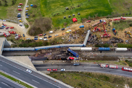 Tempi Valley, Greece - March 1, 2023: A tragic accident occurred in northern Greece, as two trains collided in the Tempi Valley, resulting in the deadliest rail tragedy in Greeceのeditorial素材