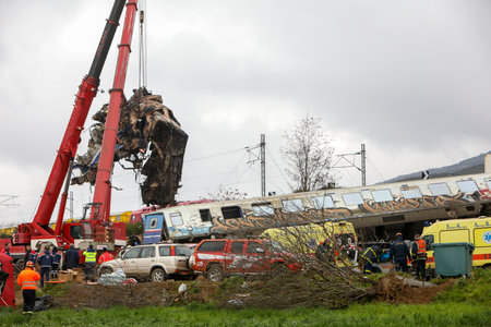Tempi Valley, Greece - March 1, 2023: A tragic accident occurred in northern Greece, as two trains collided in the Tempi Valley. rescuers search the wreckage for survivorsのeditorial素材