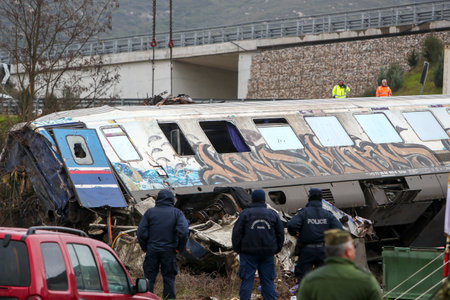 Tempi Valley, Greece - March 1, 2023: A tragic accident occurred in northern Greece, as two trains collided in the Tempi Valley. rescuers search the wreckage for survivorsのeditorial素材