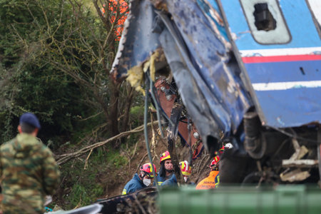 Tempi Valley, Greece - March 1, 2023: A tragic accident occurred in northern Greece, as two trains collided in the Tempi Valley. rescuers search the wreckage for survivorsのeditorial素材