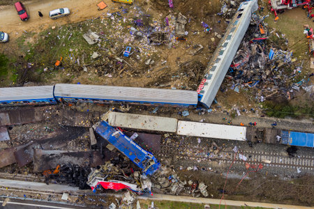 Tempi Valley, Greece - March 1, 2023: A tragic accident occurred in northern Greece, as two trains collided in the Tempi Valley. rescuers search the wreckage for survivorsのeditorial素材