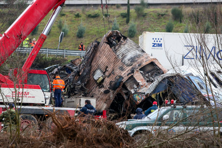 Tempi Valley, Greece - March 1, 2023: A tragic accident occurred in northern Greece, as two trains collided in the Tempi Valley. rescuers search the wreckage for survivorsのeditorial素材