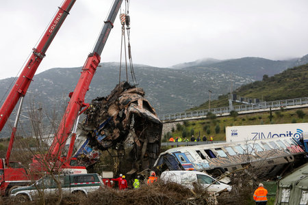 Tempi Valley, Greece - March 1, 2023: A tragic accident occurred in northern Greece, as two trains collided in the Tempi Valley. rescuers search the wreckage for survivorsのeditorial素材