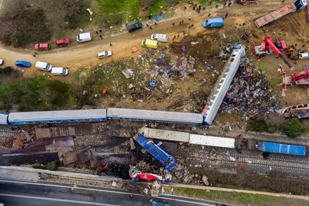 Tempi Valley, Greece - March 1, 2023: A tragic accident occurred in northern Greece, as two trains collided in the Tempi Valley, resulting in the deadliest rail tragedy in Greeceのeditorial素材
