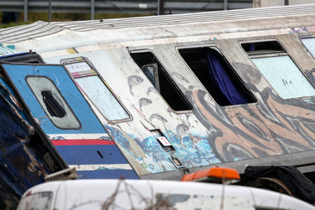 Tempi Valley, Greece - March 1, 2023: A tragic accident occurred in northern Greece, as two trains collided in the Tempi Valley. rescuers search the wreckage for survivorsのeditorial素材