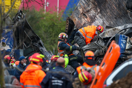 Tempi Valley, Greece - March 1, 2023: A tragic accident occurred in northern Greece, as two trains collided in the Tempi Valley. rescuers search the wreckage for survivorsのeditorial素材