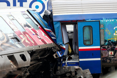 Tempi Valley, Greece - March 1, 2023: A tragic accident occurred in northern Greece, as two trains collided in the Tempi Valley. rescuers search the wreckage for survivorsのeditorial素材