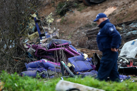 Tempi Valley, Greece - March 1, 2023: A tragic accident occurred in northern Greece, as two trains collided in the Tempi Valley. rescuers search the wreckage for survivorsのeditorial素材