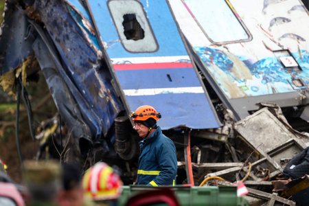 Tempi Valley, Greece - March 1, 2023: A tragic accident occurred in northern Greece, as two trains collided in the Tempi Valley. rescuers search the wreckage for survivorsのeditorial素材