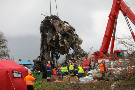 Tempi Valley, Greece - March 1, 2023: A tragic accident occurred in northern Greece, as two trains collided in the Tempi Valley. rescuers search the wreckage for survivorsのeditorial素材
