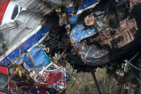 Tempi Valley, Greece - March 1, 2023: A tragic accident occurred in northern Greece, as two trains collided in the Tempi Valley. rescuers search the wreckage for survivorsのeditorial素材