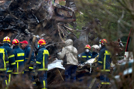 Tempi Valley, Greece - March 1, 2023: A tragic accident occurred in northern Greece, as two trains collided in the Tempi Valley. rescuers search the wreckage for survivorsのeditorial素材