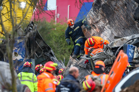 Tempi Valley, Greece - March 1, 2023: A tragic accident occurred in northern Greece, as two trains collided in the Tempi Valley. rescuers search the wreckage for survivorsのeditorial素材